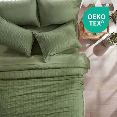 Zzlpp Twin Comforter Set 5 Pieces, Olive Green Seersucker Bed in a Bag with Comforter and Sheets, All Season Bedding Sets with 1 Comforter, 1 Pillow Sham, 1 Pillowcase, 1 Flat Sheet, 1 Fitted Sheet Zzlpp