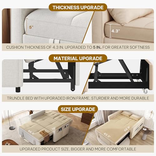 DWVO 55" Convertible Sofa Bed, 3-in-1 Sleeper Sofa with Pull-Out Bed, Linen Futon Couch with Adjustable Backrest and Side Pocket, Modern Loveseat for Living Room Apartment, Light Beige DWVO