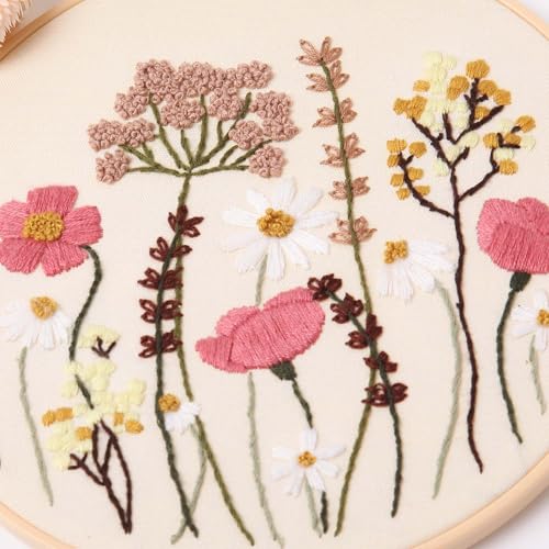 REEWISLY 4ps Embroidery Starter kit with Flowers Patterns and Instructions, DIY Adult Beginner Cross Stitch Kits, Including 2 Plastic Embroidery Hoop, 1 Pair of Scissors, Colored Threads and Needles