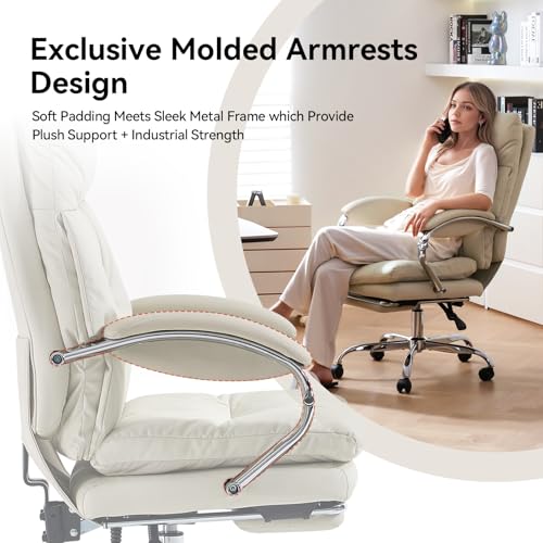 LEAGOO Office Chair with Foot Rest, Ergonomic Executive Office Chair with Arms, Reclining High Back PU Leather Comfy Swivel Computer Desk Chairs with Wheels and Lumbar Support for Home Office, Cream LEAGOO