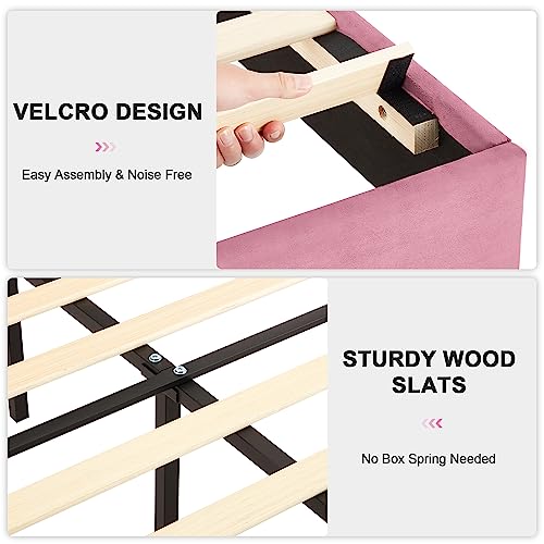 VECELO Full Size Upholstered Platform Bed Frame with 4 Drawers&Tufted Adjustable Headboard/Mattress Foundation/Wood Slat Support,Easy Assembly,Pink VECELO