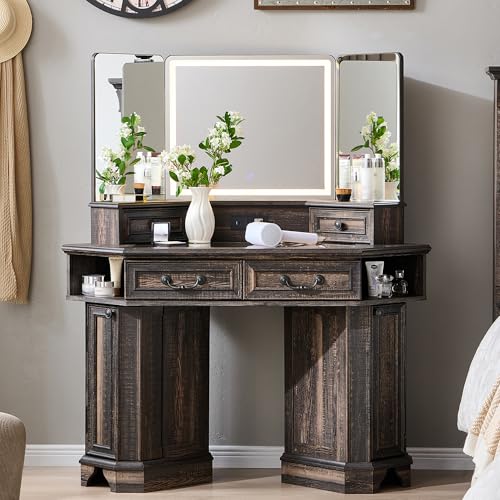 T4TREAM Makeup Vanity Desk 48" with 3 Way Mirror and Lights, Large Farmhouse Corner Vanity Dressing Table with Glass Top & Charging Station, 3 Drawers & 2 Storage Cabinets, Dark Rustic Oak T4TREAM