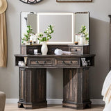 T4TREAM Makeup Vanity Desk 48" with 3 Way Mirror and Lights, Large Farmhouse Corner Vanity Dressing Table with Glass Top & Charging Station, 3 Drawers & 2 Storage Cabinets, Dark Rustic Oak T4TREAM