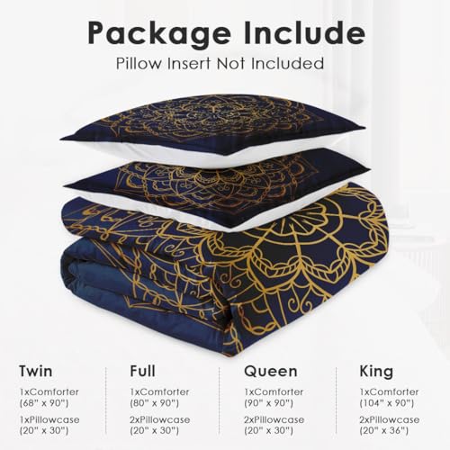 WeCozy Queen Size Comforter Set with 2 Pillowcases, Navy Blue Boho Gold Mandala Soft 3 Pcs Bedding for Kids and Adults Bedroom Bed Decor WeCozy