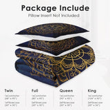 WeCozy Queen Size Comforter Set with 2 Pillowcases, Navy Blue Boho Gold Mandala Soft 3 Pcs Bedding for Kids and Adults Bedroom Bed Decor WeCozy