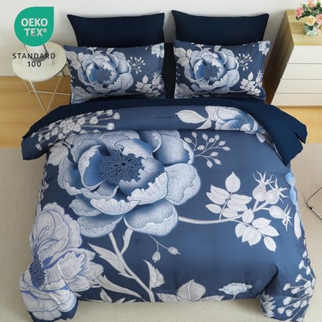 Luxudecor Floral Comforter Set Queen Size 7 Pieces Bed in a Bag,Flower Print on Blue Bedding Set,Soft Microfiber Bedding Set for All Season (Blue,90"x90") Luxudecor