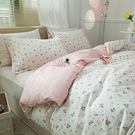 AMWAN Pink Floral Duvet Cover Full Size Cotton Garden Bedding Sets Kids Girls White Comforter Aesthetic Botanical Vintage Flower Print with Zipper Ties, Full (80''x90'') AMWAN