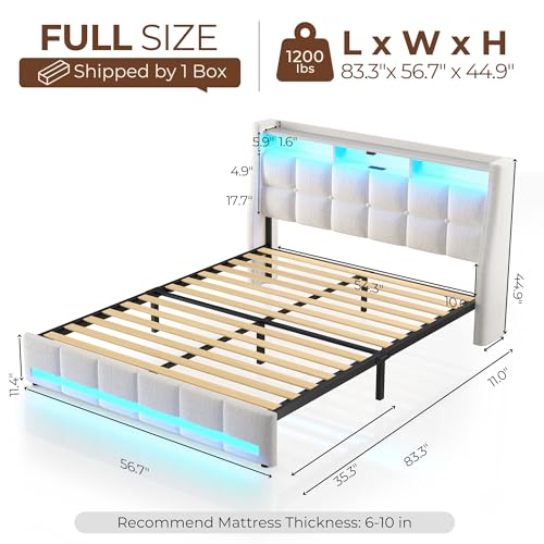 Rolanstar Full Size Bed Frame with LED Lights and Charging Station, Upholstered Headboard with 2-Tier Storage Shelves, Heavy Duty Metal Frame, Noise-Free Support, Easy Assembly, No Box Spring Needed Rolanstar