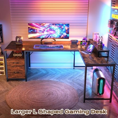 PRAISUN 63 Inch L Shaped Desk with Power Outlets and USB-C Port, Computer Corner Home Office Desk with File Fabric Drawers and Movable Monitor Stand, Larger Storage, Gaming, Writing, Rustic Brown PRAISUN