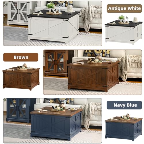 Joaxswe Farmhouse Coffee Table with Hidden Storage Organizer, Modern Square Large Center Table, Wood Farm House Low Navy Blue Living Room Tables with Hinged Lift Top for Home, Office Joaxswe