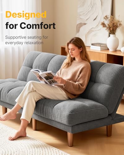AMADA HOMEFURNISHING 65" Futon Sofa Bed, Convertible Futon Couch with Adjustable Backrest, Ergonomic Recliner Sleeper Sofa with Corduroy Fabric for Living Room, Office, Guest Room (Grey) AMADA HOMEFURNISHING