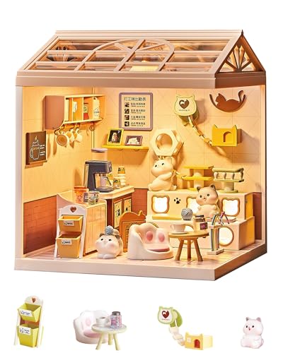 Kisoy DIY Miniature House Kit, Tiny House Building Kit with Furniture and LED Light for Teens and Beginners, DIY Mini House Craft Kit, Christmas Decorations/Gifts for Family and Friends (Cat Cafe)