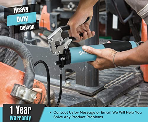 SHALL Grease Gun, 7000 PSI Heavy Duty Pistol Grip Grease Gun Kit w/Grease Gun Coupler, 18” Spring Flex Hose, Reinforced Coupler, 2 Extension Rigid Pipe, Sharp Nozzle, Fittings Cleaner | 14oz Load SHALL