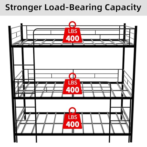 Detachable Triple Bunk Bed, Twin Over Twin Bunk Beds for Kids/Teens/Adults, Heavy Duty Metal Bunkbed Frame with Safe Guardrails & 2 Ladder, Convertible 3 Twin Beds for Dorm, Bedroom, Guest Room TBCOPTO