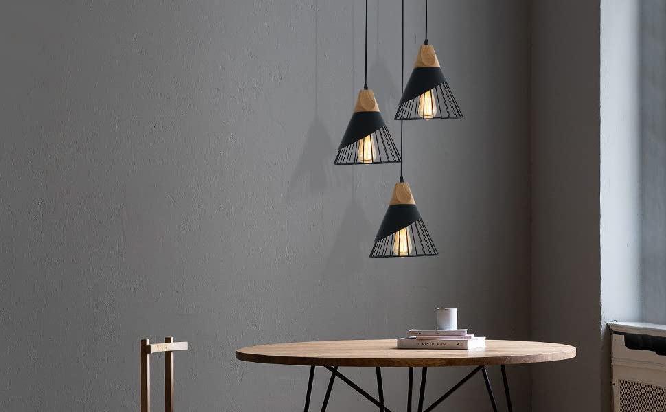 Mxsaoud Modern Black Pendant Light Over Kitchen Island, Adjustable Wood Hanging Light Fixture,Industrial Pendant Lighting for Dining Room,Living Room,Bedroom,Hallway,Kitchen,Bar Mxsaoud