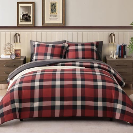AMBERSPACE Full Size Comforter Set, Red Plaid Bedding Set 7 Pieces for Boys Girls, Classic Checkered All Season Bed in a Bag for Dorm with Sheets, Pillowcases & Shams AMBERSPACE