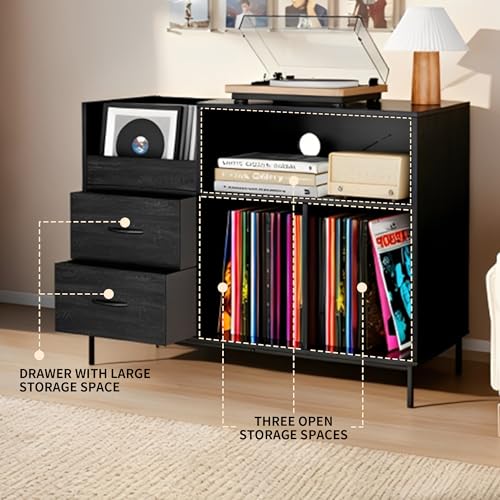 BIZOEIRON Record Player Stand with Flip-Top & Drawers, Vinyl Storage Cabinet with Outlet, Wood Media Console Table for Vinyl Records Storage, Assembly Required, Black BIZOEIRON