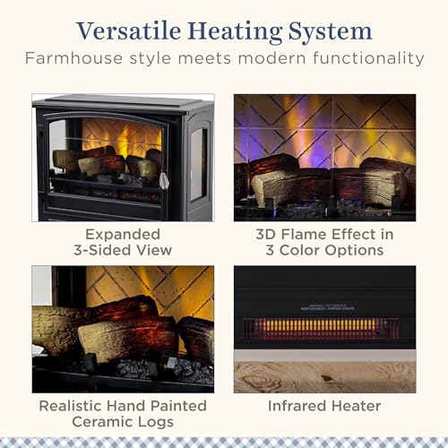 Country Living Infrared Freestanding Electric Fireplace Stove Heater in Black | Multiple Flame Colors, Metal Design with Faux Wooden Logs | Alexa/WiFi Enabled - Remote Included Country Living