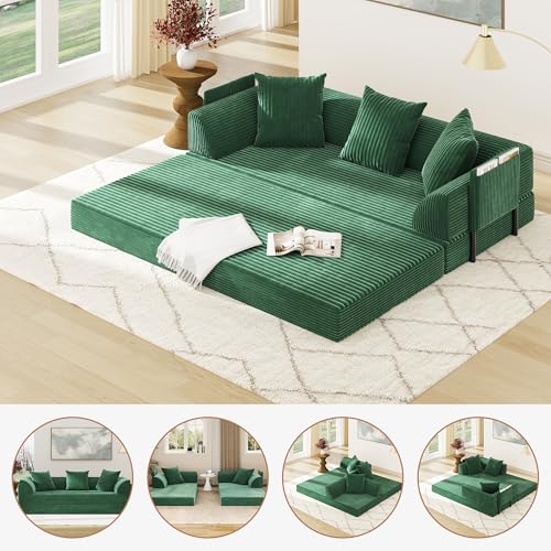 XVD 79" Boneless Sleeper Sofa Bed, Convertible Futon Couch with Pillows and Storage Pocket, Pull Out Compressed Sofa for Living Guest Room Bedroom, Green XVD
