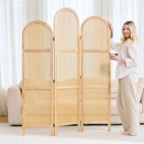 Svimi Folding Room Divider 3 Panels, 5.6 Ft Double Hinged Rattan and Pine Wood Privacy Screen, Freestanding Partition for Bedroom, Living Room, Home Office Decor (Natural-Wave, 3 Panels) Svimi