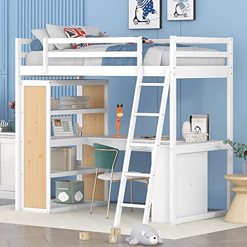 Harper & Bright Designs Twin Size Loft Bed with Desk and Drawer, Wood Twin Loft Bed with Desk,Shelves and Cabinet Underneath, High Loft Bed Twin with Storage for Kids, Boys,Girls,Teens (White,Twin) Harper & Bright Designs