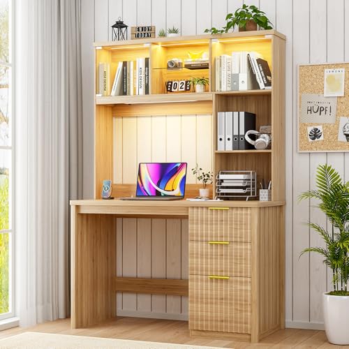 FREDEES LED Study Desk with Hutch, Home Office Desk with Charging Station & Storage Drawer, 70'H Writing Table with Glass Display Cabinet, 3 Color Light Computer Desks for Study, Wood FREDEES