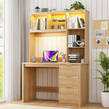 FREDEES LED Study Desk with Hutch, Home Office Desk with Charging Station & Storage Drawer, 70'H Writing Table with Glass Display Cabinet, 3 Color Light Computer Desks for Study, Wood FREDEES