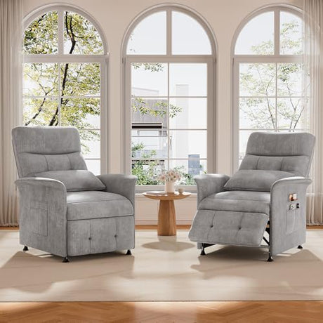 LegacyAmerhome Power Recliner Chair for Adults with Heat & Massage - Soft Fabric Electric Reclining Sofa with Remote Control, 3 Side Pockets, 180° Lay Sleeper for Living Room Home Theater, Light Grey LegacyAmerhome