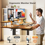 OffiGo U Shaped Electric Standing Desk with Keyboard Tray, 55 Inch Height Adjustable Desk with Power Outlets & LED Lights, Sit Stand Table with Monitor Stand for Home, Office, Rustic Brown OffiGo