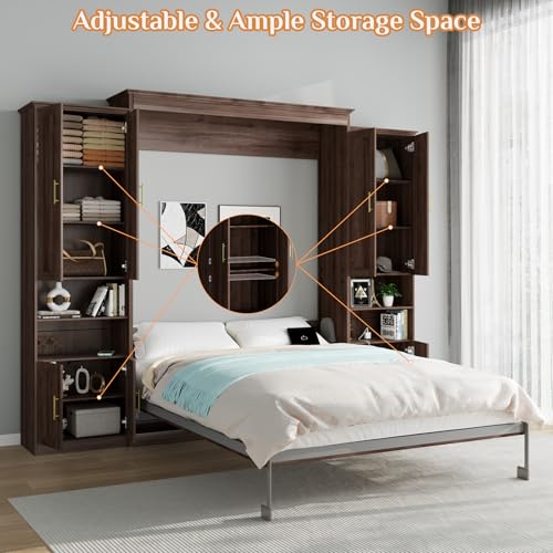 Rophefx Murphy Bed Queen with 2 Side Cabinet Storage Shelves, Queen Wall Bed Cabinet with USB Port, Wood Foldable Platform Bed Frame, Space Saving Beds, Modern Hidden Bed for Guest Room, Home, Walnut Rophefx