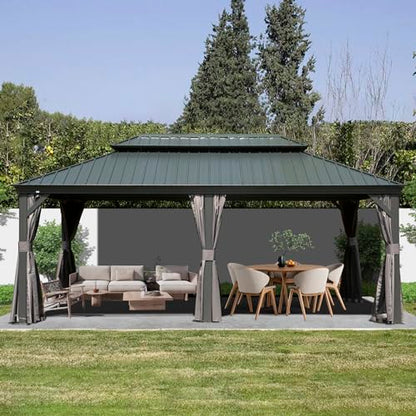 Domi 12x18FT Hardtop Gazebo, Aluminum Outdoor Gazebo with Galvanized Steel Double Roof Canopy, Drainage Gutters, Curtain and Netting, Metal Gazebo Pavilion for Party, Wedding, Dining