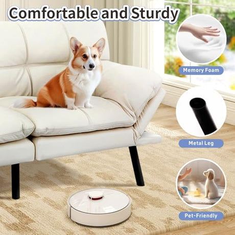 MUUEGM Futon Sofa Bed Memory Foam White Futons Modern Office Couch Sleeper Bed Convertible Love seat Sofa for Small Spaces,Apartment,Office with Adjustable Armrest Backrest MUUEGM