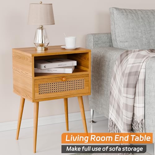 Rattan Nightstand Bedside Tables, Modern Wood Side Table Small End Table for Bedroom Living Room with Long Solid Wood Legs Drawer and Open Shelf HOCAT