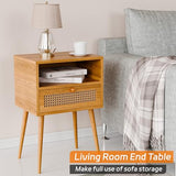 Rattan Nightstand Bedside Tables, Modern Wood Side Table Small End Table for Bedroom Living Room with Long Solid Wood Legs Drawer and Open Shelf HOCAT