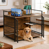 41 Inch Dog Crate Furniture for Large Dogs, Wooden Indoor Dog Cage with Double Doors, Built-in 360° Swivel Bowls, Comfortable Flat Floor, Rustic Style End Table Kennel Zoolati
