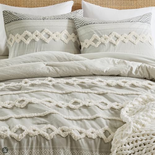 Hyde Lane Farmhouse Comforter Set Gray, Full/Queen Size Boho Bedding Sets, Cotton Top with Modern Neutral Style Clipped Jacquard Stripes, 3-Pieces Including Matching Pillow Shams (90x90 inches) Hyde Lane