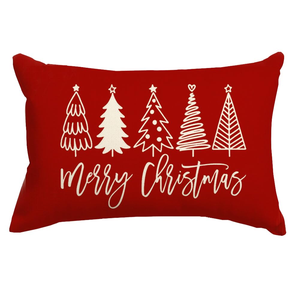 RABUSOFA Christmas Pillow Covers 12x20 Inch,Merry Christmas Tree Pillows Decorative Throw Pillows,Xmas Red Cushion Cover Decor for Holiday Couch Sofa Outdoor Lumbar(6) RABUSOFA