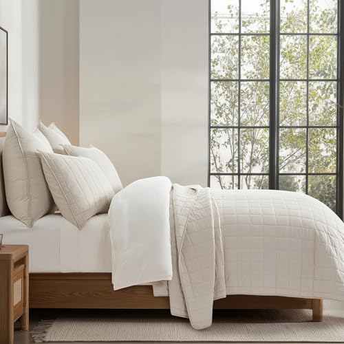 EVERGRACEHOME 100% Cotton Box Stitch Quilt Bedding Set King Size 3 Pieces, Garment-Washed Lightweight Soft Cozy Coverlet, Oversized Quilted Bedspread Sets with 2 Shams for All Season, Birch EVERGRACEHOME