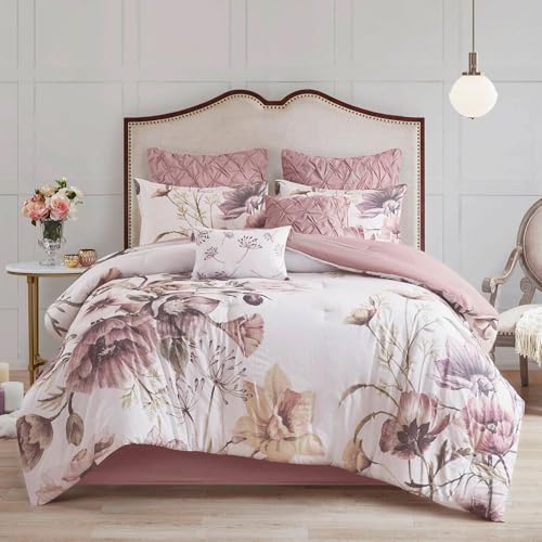 Madison Park Floral King Comforter Set, Cotton Rich Bedding Set Feminine Design Shabby Chic King Size Comforter Sets, All Season Bed Cover with Shams, Bed Skirt, Décor Pillow, Blush 8 Piece Madison Park