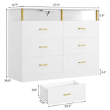 AOGLLATI White Dresser for Bedroom with Column Design, Charging Station, Modern 6 Drawer Wide Led Dresser for Bedroom,White AOGLLATI