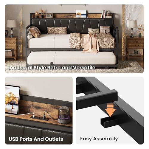LIKIMIO Daybed with Trundle Bed, Twin Bed Frame with Storage Headboard and Charging Station, Sofa Day Bed with Strong Supports for Living Room, Bedroom, and Guest Room, Black LIKIMIO