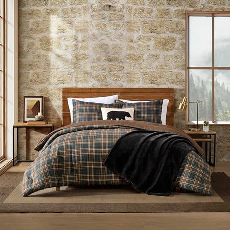 Eddie Bauer - Queen Comforter Set, Soft & Smooth Printed Bedding with Solid Reverse, 3 Piece Bed Set with Matching Pillowcases (Huntley Plaid Brown) Eddie Bauer