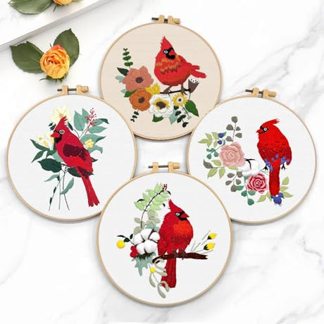ERKOON 4 Sets Embroidery Kit, Animal Cross Stitch Set for Include Embroidery Cloth Hoops Threads for Craft Lover Hand Stitch (Cardinal) ERKOON