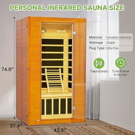 Real Relax Far Infrared Sauna for Home, 1 to 2 Person Indoor Home Sauna with Low Emf Red Light Therapy, Canadian Hemlock Wooden Dry Saunas Room with Bluetooth Speakers, 9-Color Chromotherapy Lights Real Relax