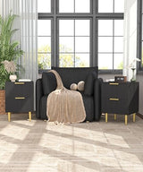 Akxomel Black Nightstand Set of 2, Fluted Night Stand with Charging Station, 13.8" D x 15" W x 23.2" H, 2 Drawers Modern Bedside Table with USB Ports and Outlets, Golden Side Table for Bedroom Akxomel