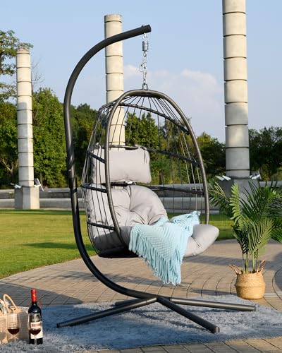 FREDEES Egg Swing Chair with Stand, Outdoor Hanging Egg Chair with Cushion for Patio/Porch/Balcony/Indoor (Light Gray) FREDEES
