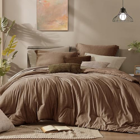 Monbix Queen Comforter Set - 7 Pieces Cationic Dyeing Brown Bed in a Bag Queen Bedding Sets with Comforter, Sheets, Pillowcases & Shams, Reversible Bedding Comforters Sets Monbix