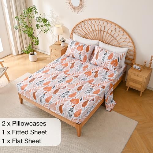 Yibeizi Boho Leaves Printed Sheet Set Queen, Botanical Pattern Bed Sheets Microfiber Bedding Sheets & Pillowcases Soft 15" Extra Deep Pocket Fitted Bedsheet 4 Piece Yibeizi