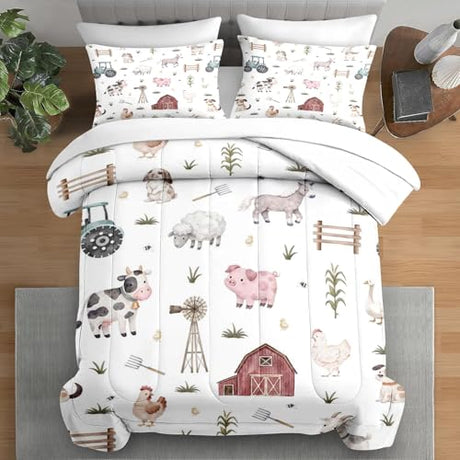 Pamnest Comforter Set Full Size, Farm Animal 7 Pcs Bedding for Kids and Adults, Cute Tractor Bed Sheet Sets with Fitted Sheet 2 Pillowcases & 2 Shams for Bedroom Bed Decor Pamnest