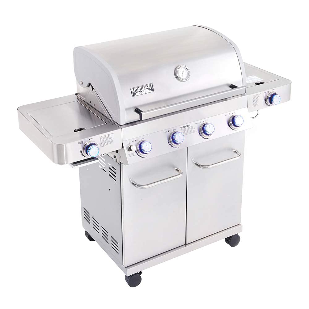 Monument Grills Larger 4-Burner Propane Gas Grills Stainless Steel Cabinet Style with Side & Side Sear Burners, Built-In Thermometer, and Knob Controls Monument Grills